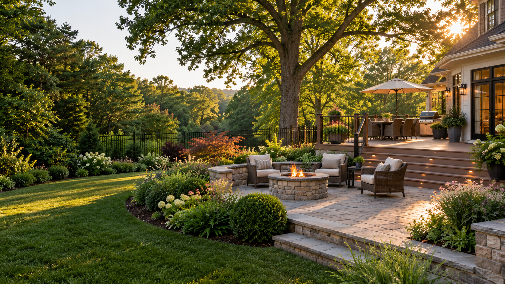 Landscaped backyard with deck, stone patio, fencing and mature trees